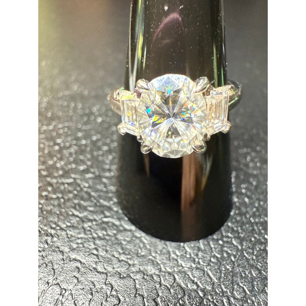 Oval-Cut Three-Stone Baguette Moissanite ring -Sterling Silver
